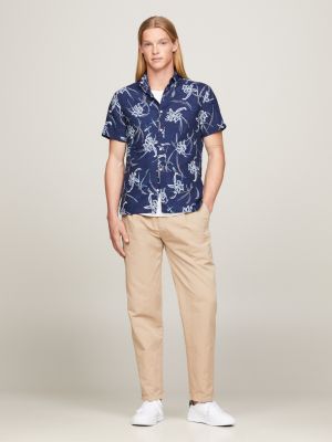 Tropical Linen Short Sleeve Slim Shirt, Blue