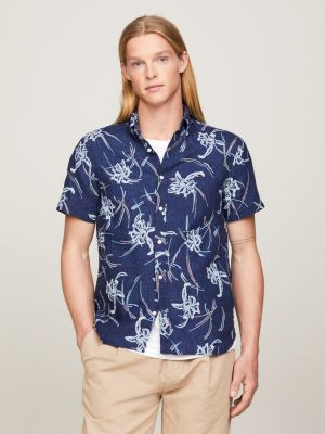 Palm Print Slim Short Sleeve Shirt, Blue