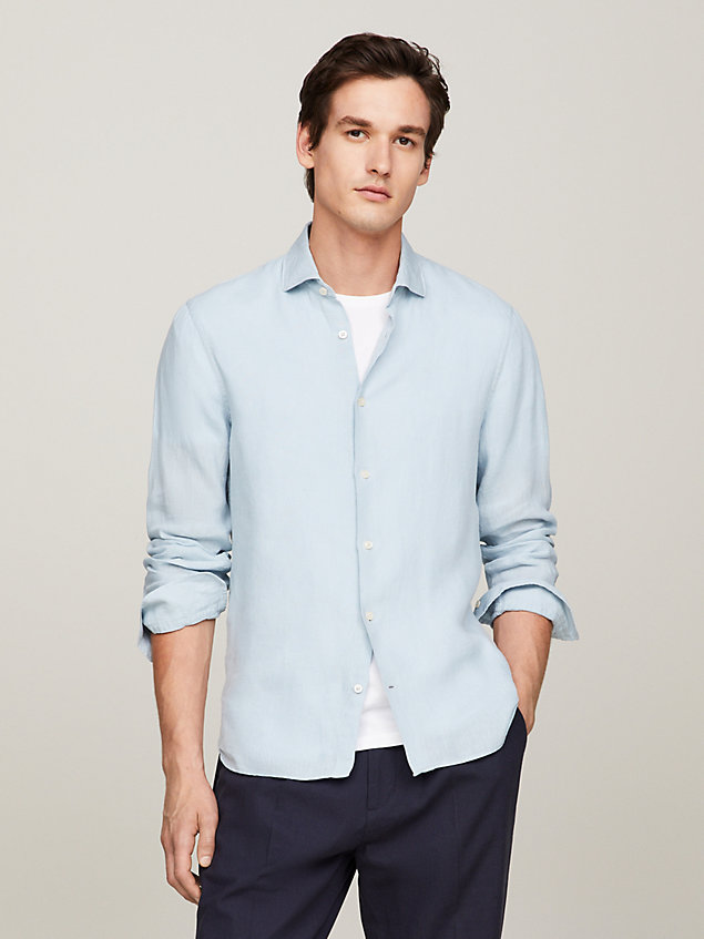 blue linen garment dyed slim fit shirt for men tommy hilfiger