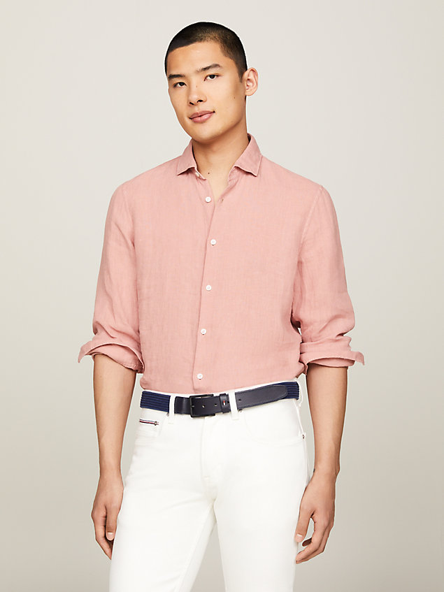 pink linen garment dyed slim fit shirt for men tommy hilfiger