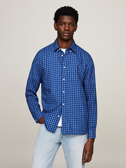 blue global stripe micro check regular shirt for men tommy hilfiger