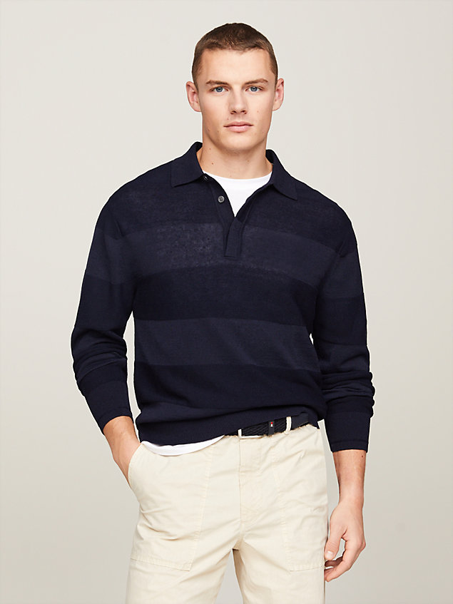 blue premium relaxed knit stripe rugby shirt for men tommy hilfiger