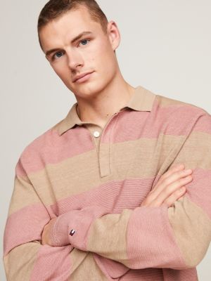 Premium Relaxed Knit Stripe Rugby Shirt, Pink