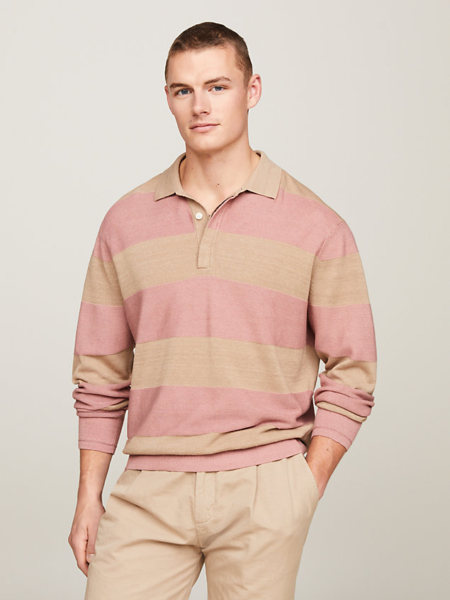 pink premium relaxed knit stripe rugby shirt for men tommy hilfiger