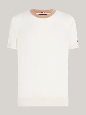 beige contrast crew neck knit t-shirt for men tommy hilfiger