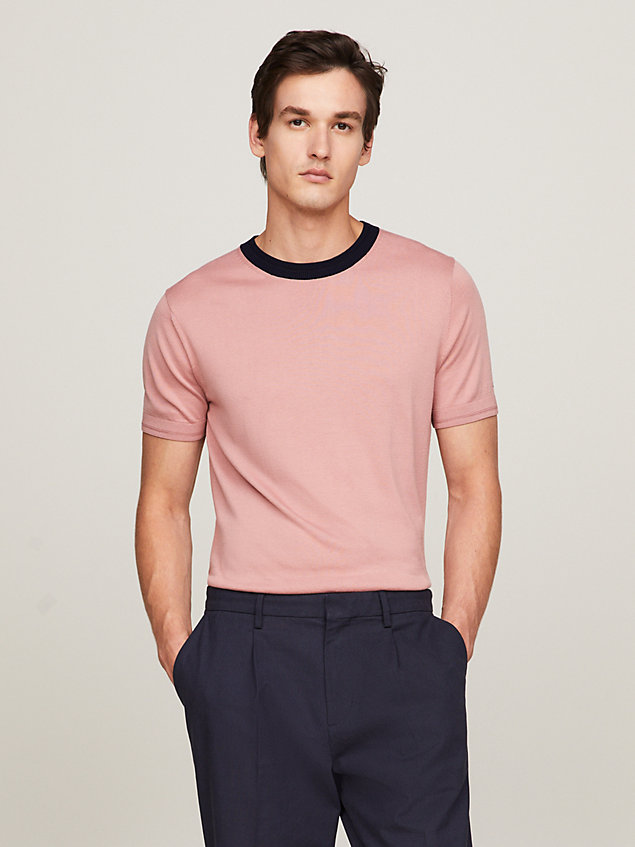 pink contrast crew neck knit t-shirt for men tommy hilfiger