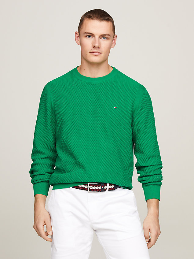 green textured knit crew neck jumper for men tommy hilfiger
