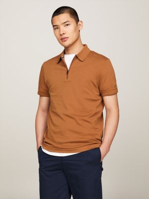 Zip Placket Slim Fit Interlock Polo | Brown | Tommy Hilfiger