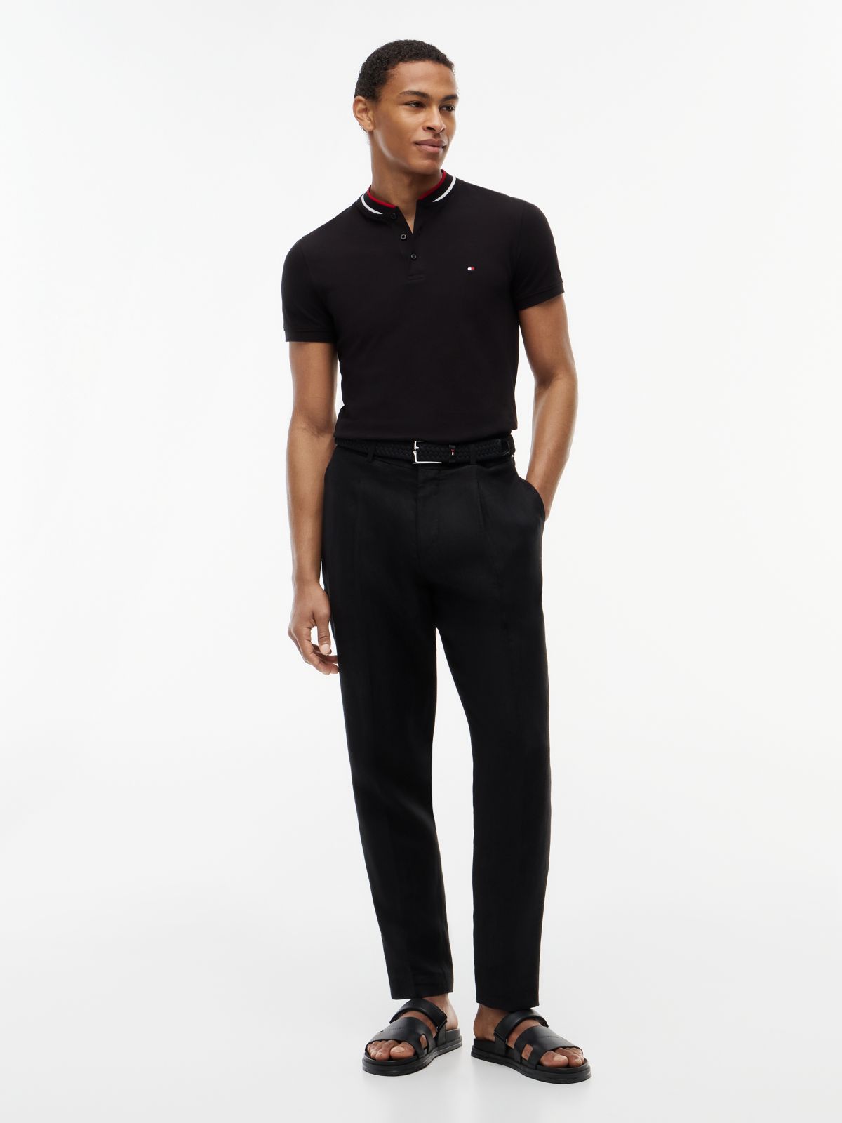 Slim Fit Tipped Baseball Collar Polo Shirt — Black
