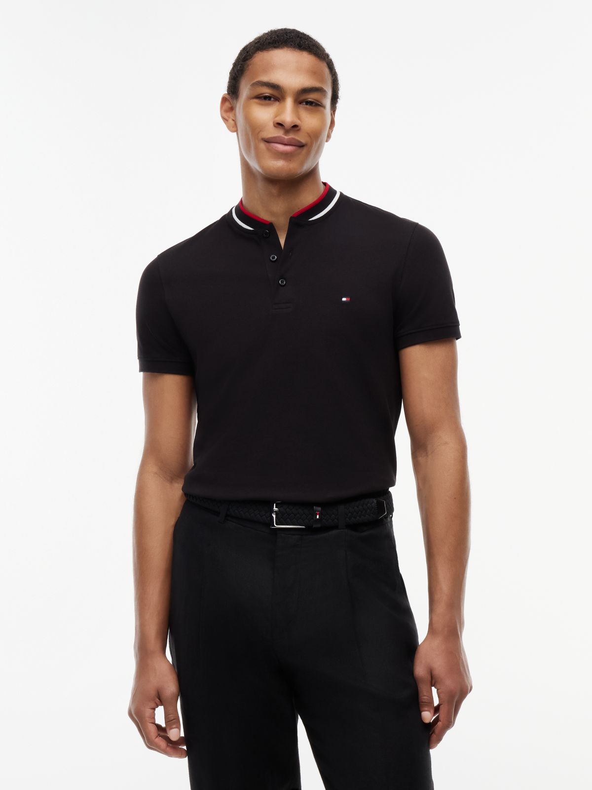 Slim Fit Tipped Baseball Collar Polo Shirt — Black