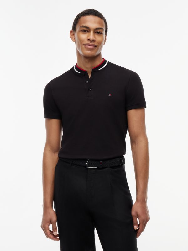 Slim Fit Tipped Baseball Collar Polo Shirt — Black