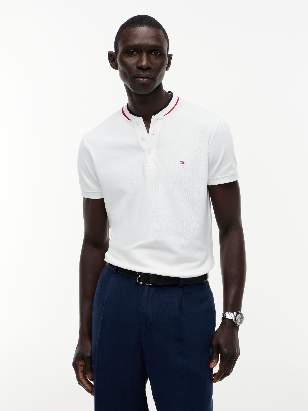 Slim Fit Tipped Baseball Collar Polo Shirt — White
