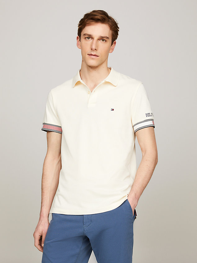 beige slim fit contrast cuff polo for men tommy hilfiger