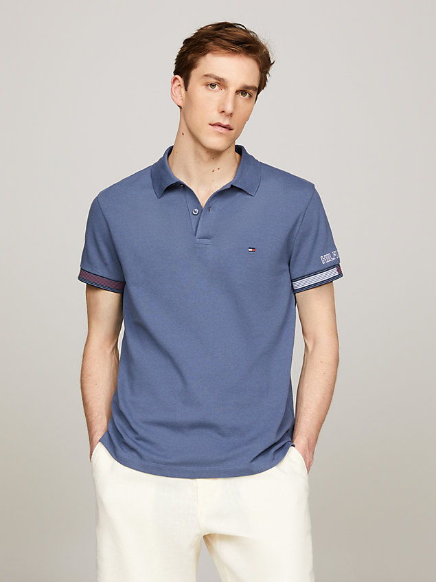 blue slim fit contrast cuff polo for men tommy hilfiger