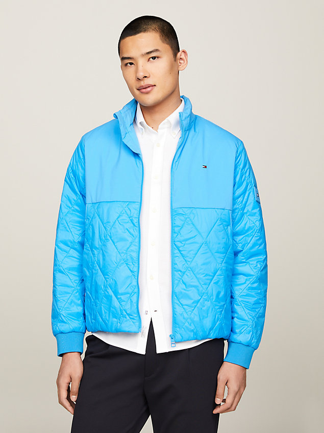 blue quilted water repellent zip-thru jacket for men tommy hilfiger