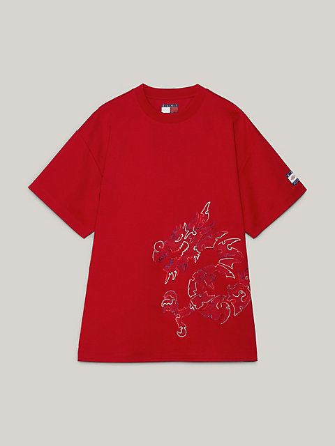 red tommy x clot dual gender dragon motif t-shirt for men tommy hilfiger