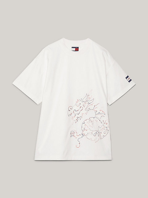 white tommy x clot dual gender dragon motif t-shirt for men tommy hilfiger