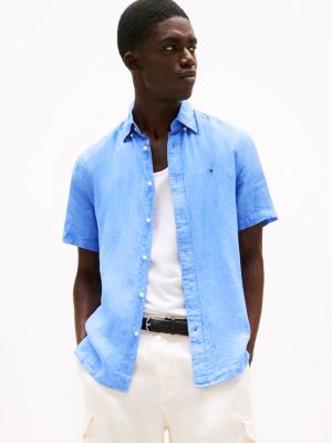 Short Sleeve Regular Fit Linen Shirt | Blue | Tommy Hilfiger