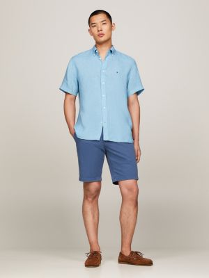 Short Sleeve Regular Fit Linen Shirt, Blue