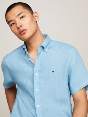 Short Sleeve Regular Fit Linen Shirt | Blue | Tommy Hilfiger