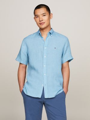 Short Sleeve Regular Fit Linen Shirt, Blue