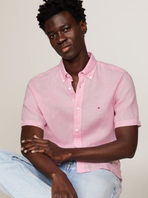 Short Sleeve Regular Fit Linen Shirt, Pink