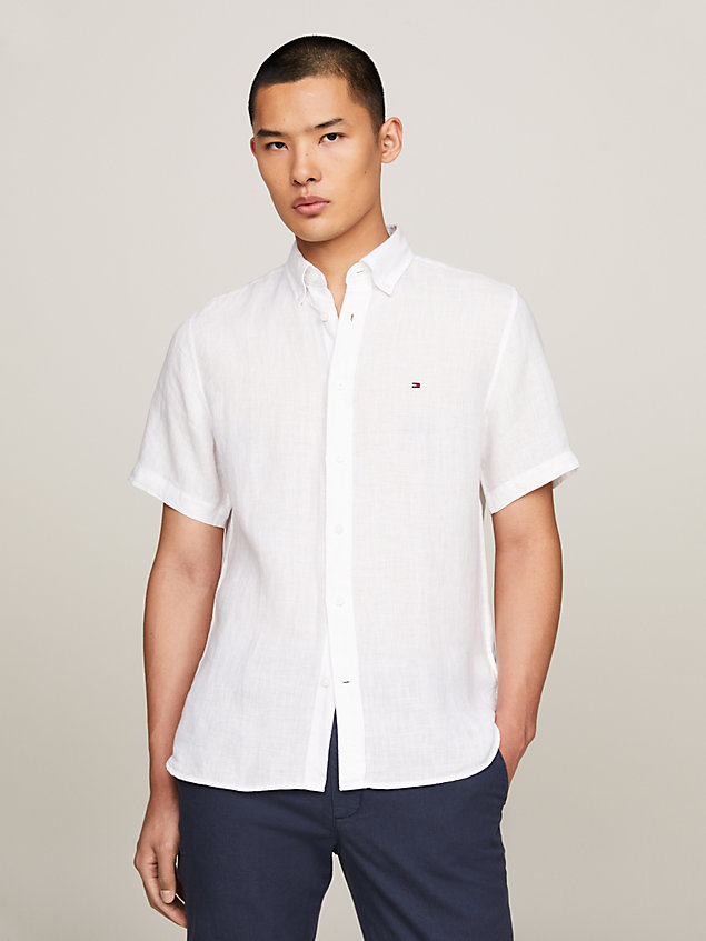 chemise standard en lin à manches courtes white pour hommes tommy hilfiger