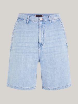 blue straight fit wide leg denim bermuda shorts for men tommy hilfiger