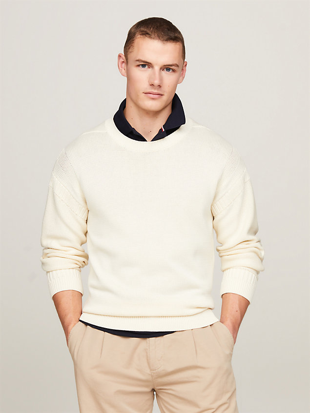 beige flag embroidery crew neck relaxed jumper for men tommy hilfiger