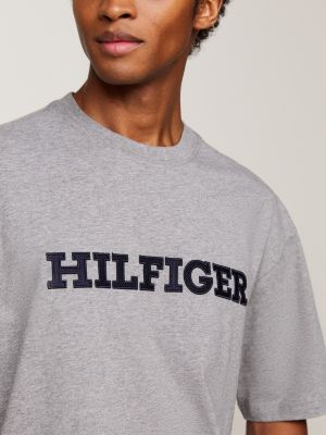 grey hilfiger monotype logo embroidery twill t-shirt for men tommy hilfiger