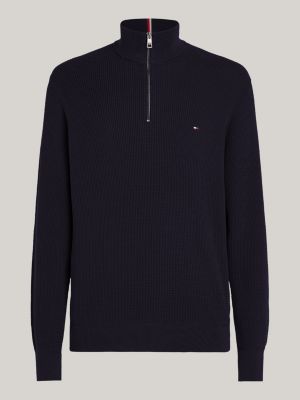 pull zippé à tissage alvéolé bleu pour hommes tommy hilfiger