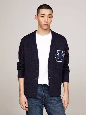 Varsity Crest Mixed Knit Relaxed Cardigan | White | Tommy Hilfiger