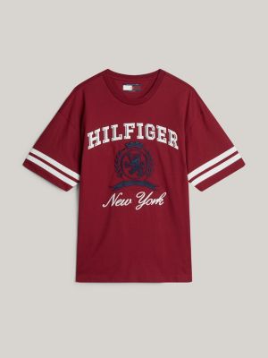 t-shirt à logo blason oversize rouge pour hommes tommy hilfiger