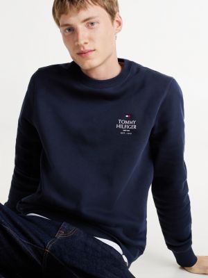 blue crew neck chest logo sweatshirt for men tommy hilfiger