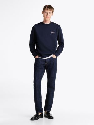 blue crew neck chest logo sweatshirt for men tommy hilfiger