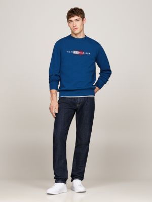 sweat à col ras-du-cou et logo brodé bleu pour hommes tommy hilfiger