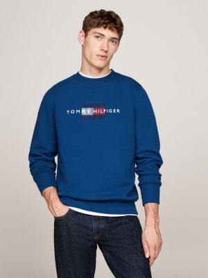 sweat à col ras-du-cou et logo brodé bleu pour hommes tommy hilfiger