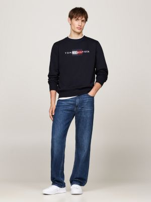 sudadera de cuello redondo con logo bordado azul de hombres tommy hilfiger