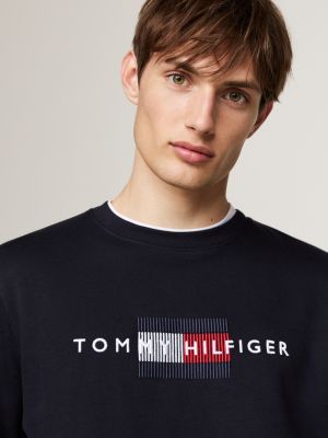 sudadera de cuello redondo con logo bordado azul de hombres tommy hilfiger