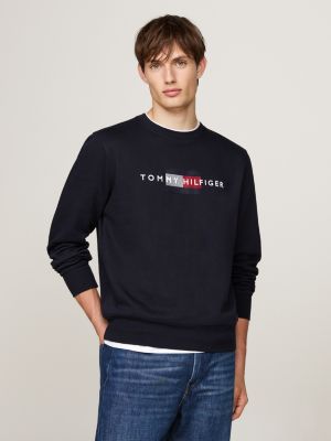 sudadera de cuello redondo con logo bordado blue de hombres tommy hilfiger