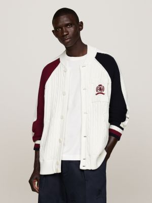 Varsity Crest Mixed Knit Relaxed Cardigan | White | Tommy Hilfiger
