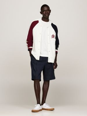 Varsity Crest Mixed Knit Relaxed Cardigan | White | Tommy Hilfiger