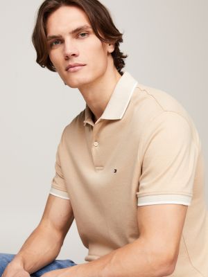 beige two-tone tipped regular fit polo for men tommy hilfiger