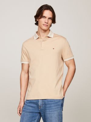 beige two-tone tipped regular fit polo for men tommy hilfiger