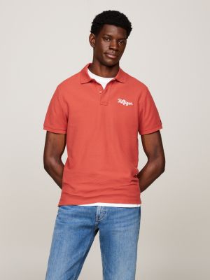 red chain stitch logo embroidery polo for men tommy hilfiger