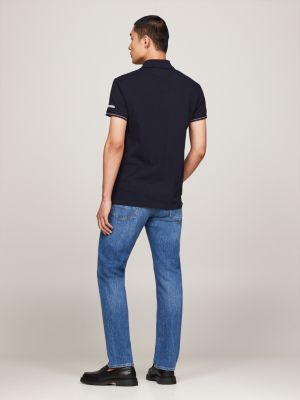 polo slim fit con abbottonatura a contrasto blu da uomini tommy hilfiger