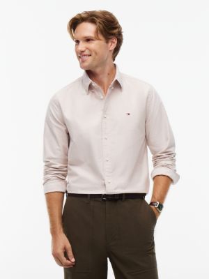 brown regular fit flag embroidery oxford shirt for men tommy hilfiger