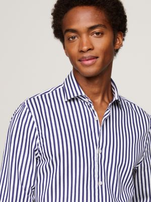 blauw gestreept slim fit overhemd met th flex voor heren - tommy hilfiger