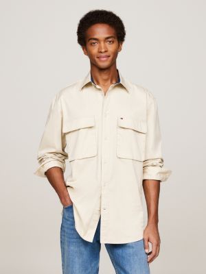 beige utility regular fit twill shirt for men tommy hilfiger