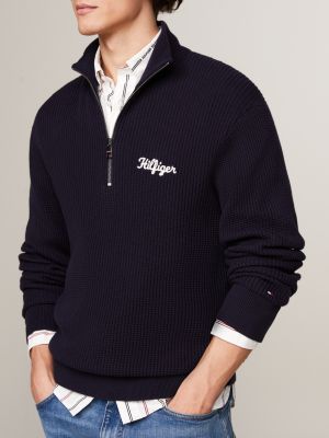 pullover relaxed fit a nido d'ape blu da uomini tommy hilfiger